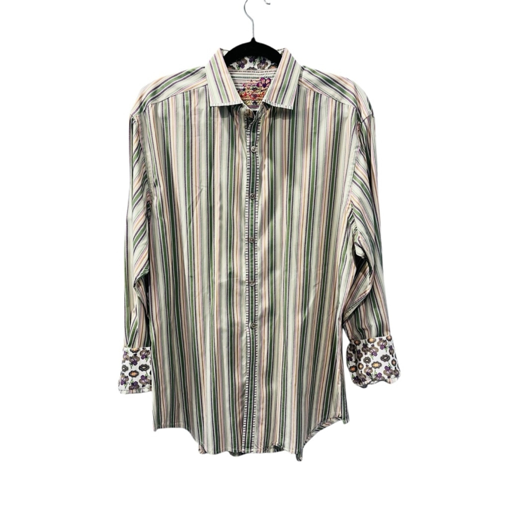 Robert Graham Flip Cuff Striped Floral Button Down Shirt Size XL Embroidered Men